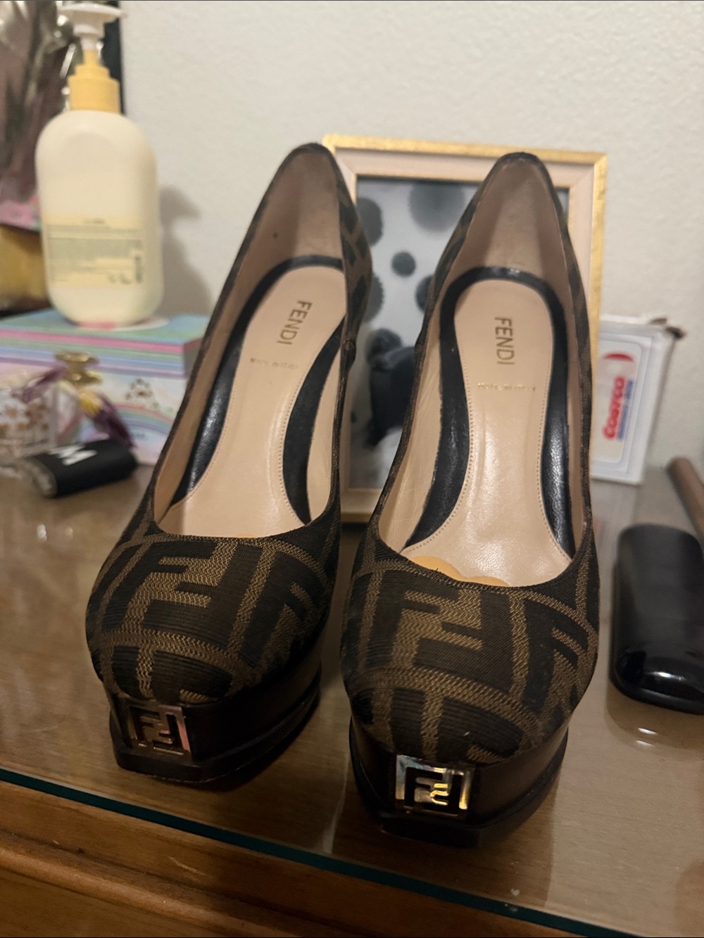 Fendi Brown FF Logo Platform Pumps with Gold Hardware
